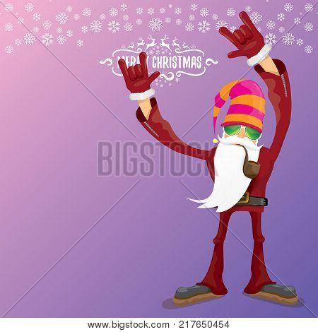 vector DJ rock n roll santa claus with smoking pipe, santa beard and funky santa hat isolated on violetred christmas square background with snowflakes. Christmas hipster party poster with snowflakes.