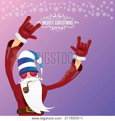 vector DJ rock n roll santa claus with smoking pipe, santa beard and funky santa hat isolated on violetred christmas square background with snowflakes. Christmas hipster party poster with snowflakes.