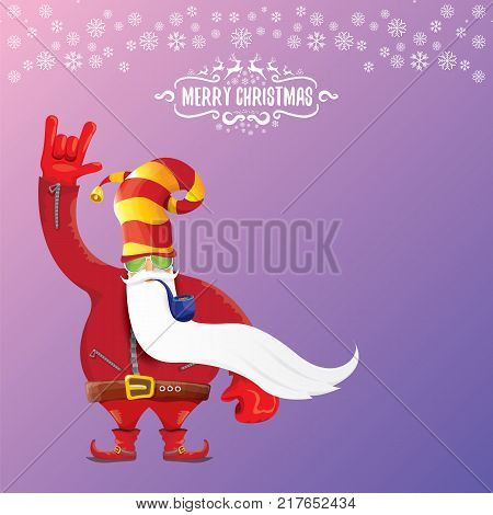 vector DJ rock n roll santa claus with smoking pipe, santa beard and funky santa hat isolated on violetred christmas square background with snowflakes. Christmas hipster party poster with snowflakes.