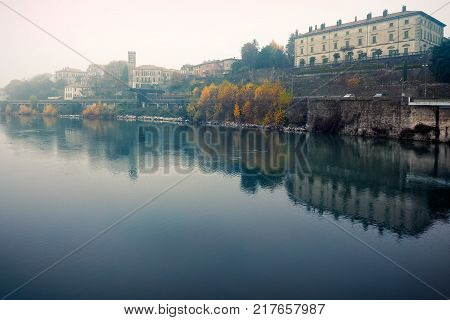 Along the Adda river shot on foggy autumnal day 