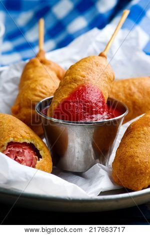 Mini corn dog. style rustic .selective focus