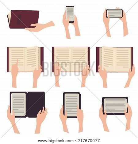 Woman holding e-book tablet phone and paperbook in hands. Digital book. Reading from all kinds of devices. Online reading. Vector illustration. Flat design style. Isolated on white background