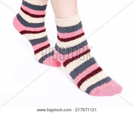 Multicolor women's fuzzy ankle socks with stripes isolated on white background