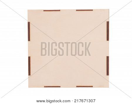 Wooden closed, square box, for children's geometric shapes, isolated on white background.
