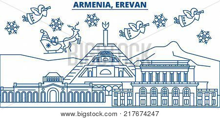 Armenia, Erevan winter city skyline. Merry Christmas, Happy New Year decorated banner with Santa Claus.Winter greeting line card.Flat, outline vector. Linear christmas snow illustration