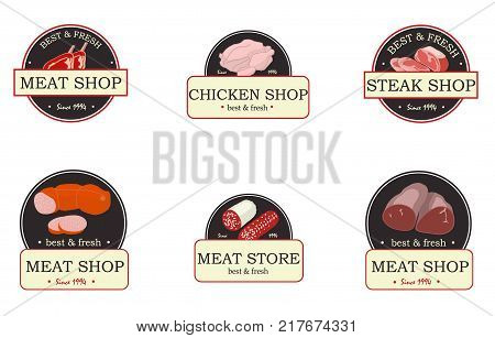 Meat Product Vector Logo And Brands. Beef, Pork, Lamb, Round Steak, Boneless Rump, Ribs, Loin And Ri
