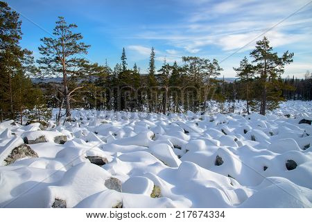 Sea of stones covered with snow, beautiful winter landscape. On the way to the mountains