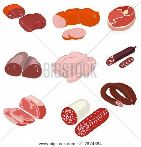 Meat Product Vector Isolated On White Background In Cartoon Style. Beef, Pork, Lamb, Round Steak, Bo
