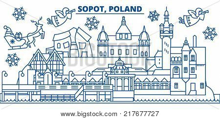 Poland, Sopot winter city skyline. Merry Christmas, Happy New Year decorated banner with Santa Claus.Winter greeting line card.Flat, outline vector. Linear christmas snow illustration