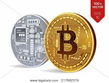 Bitcoin. 3D isometric Physical bit coin. Digital currency. Cryptocurrency. Golden and silver coins with bitcoin symbol isolated on white background. Stock vector illustration