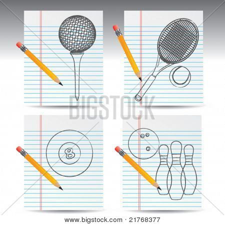 Balle de golf sur le tee, raquette de tennis et boule, eight ball et boule de bowling et épingles sur sonorisation portable