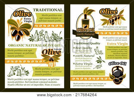 Olive oil natural product poster template. Pickled olive fruit and extra virgin olive oil bottle poster with badge of green branch with ripe black fruit and oil drop for healthy food brochure design