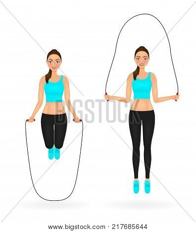 Fit girl in leggings and crop top doing exercises with jumping rope. Woman in sportswear. Vector character