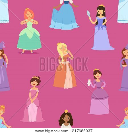 Cartoon girl vector princess characters different fairy-tale clothes dress fairy woman cute adorble girls illustration. Fashion fairytale woman elegance style dress seamless pattern background