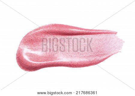 Lip gloss sample isolated on white. Smudged pink lipgloss. Makeup product sample