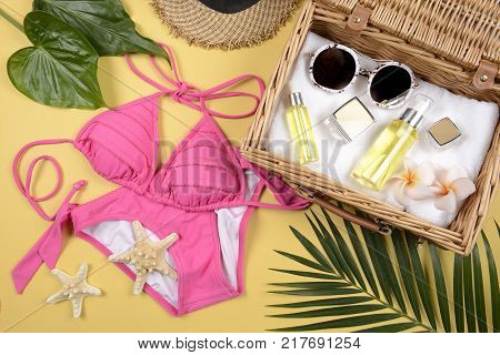 Close-up beauty cosmetics product for skin care and sun block on the beach. (Summer and skin care protection concept)