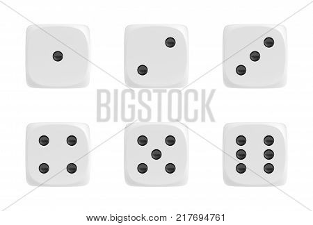 3d rendering of a set of six white dice in front view with black dots showing different numbers. Bets and wagers. Gambling and casino. Win or lose.