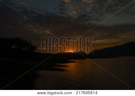 Beautiful sunset on the lake at the Papan reservoir