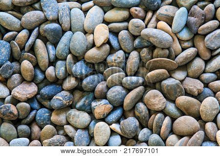 small smooth waterworn black pebbles or stones for use decor and garden landscaping. tone garden interiors. stone spa