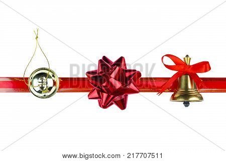 A holiday symbol, an element of decor.Red bow isolated on white background.
