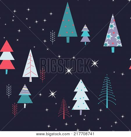 Winter Night Seamless Pattern with purple and Dark Green Colors