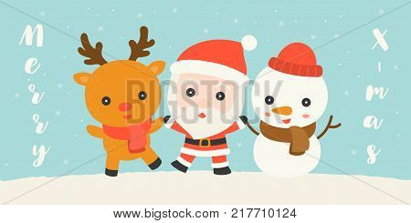 Merry Christmas hand lettering font with Friendship concept, cute Santa claus , reindeer and snowman, holding hand and dance on snowfield, suitable for banner