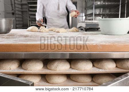 Raw loaves of bread on shelves and man in bakery