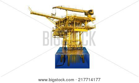 Offshore oil and gas wellhead remote platform produced raw gas condensate then sent to central facility to separate and treat gas cut away to show detail under water platform isolate on white.
