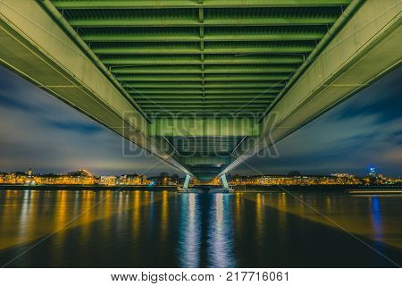 Close-up of the Deutzer Bridge and the beautiful River Rhine at Night in Germany Cologne 2017.