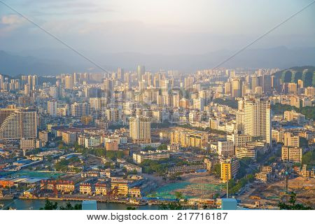panorama of the city of Sanya, a view of the city in the highest point, the island of the Phoenix. Asia