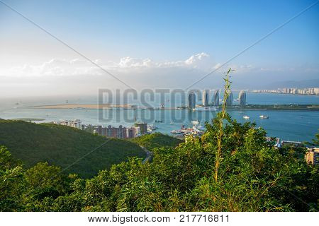 panorama of the city of Sanya, a view of the city in the highest point, the island of the Phoenix. Asia