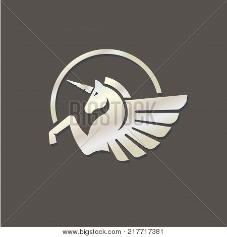 Winged unicorn silver color logo vector illustration. Stylized mythical creature silhouette, horse winged logo vector,