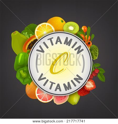 VitaminC banner. Beautiful vector illustration with caption lettering and top foods highest in vitamin C isolated on a dark grey background. Useful for leaflet, brochure or poster design