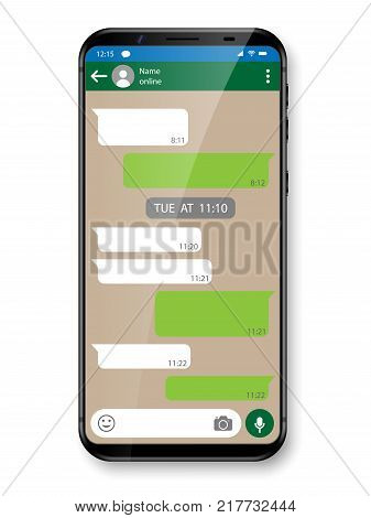 Black realistic Smartphone chatting or messaging app. Social network concept. Mobile phone with Messenger window. Vector illustration EPS 10