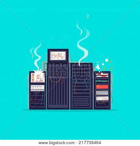 Broken server. Technologies. Flat design vector illustration.