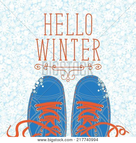 Winter banner with red lettering Hello winter and blue shoes on the background of seamless pattern of white snowflakes. Vector illustration