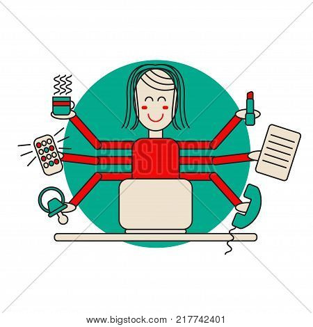Woman freelancer with six hands working at  computer. Remote staff at workplace. Balance of work and rest. Vector illustration