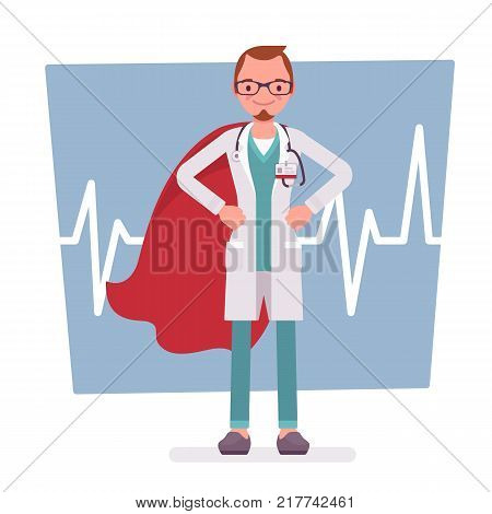 Super male doctor. Best trained, qualified clinic physician, hospital superhero with extraordinary or superhuman powers to save. Medicine and healthcare concept. Vector flat style cartoon illustration