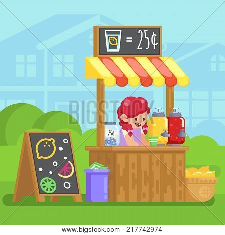 Lemonade Booth With Happy Little Cute Girl Selling Young Business Vector Colorful Illustration In Fl