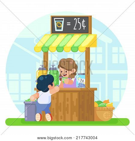 Lemonade Booth With Happy Little Cute Girl Selling Young Business Vector Colorful Illustration In Fl