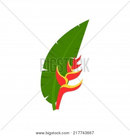 Leaf of palm tree with red flower cartoon vector Illustration on a white background