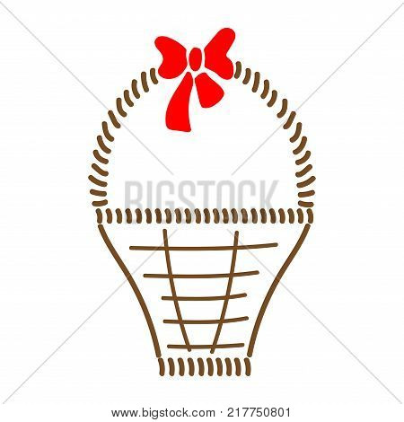 Basket with braid sign. Image of handmade weave. Color icon isolated on black background. Decorative wicker basket with red bow for gift. Logo for invitation or celebration. Stock vector illustration