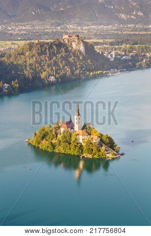 Panoramic view of island wiht church on Lake Bled from Mt. Osojnica, Slovenia.