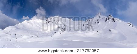 Panorama of ski slopes in mountain resort Obertauern Salzburg area Austria