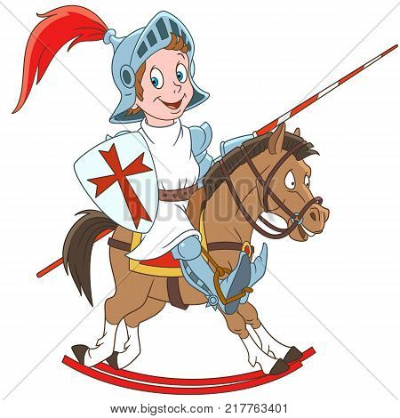 Cartoon medieval knight riding a horse. Colorful book page design for kids and children.