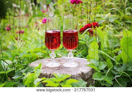 Two glasses with homemade red wine on tree stump in summer park.