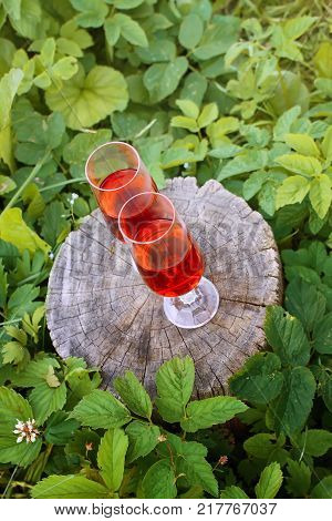 Two glasses with homemade red wine on tree stump in summer park.
