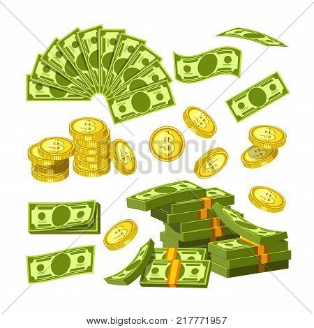 Paper money and gold coins in big amounts, that lies in shape of fan, messy heap tied with rubber band, neat piles and drop from above isolated cartoon vector illustrations set on white background.