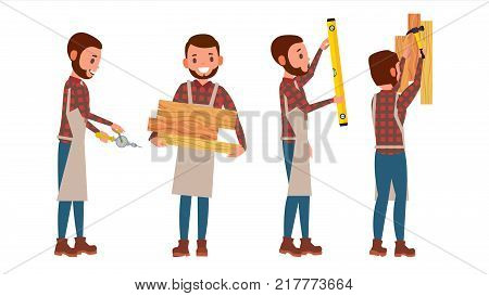 Carpenter Vector. Worker. Different Poses. Full Length Flat Cartoon Illustration