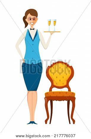 Staff set. Food restaurant worker, cafe, casino. Waiter, in branded clothes takes the order, brings a drinks. Vector illustration isolated in cartoon style.
